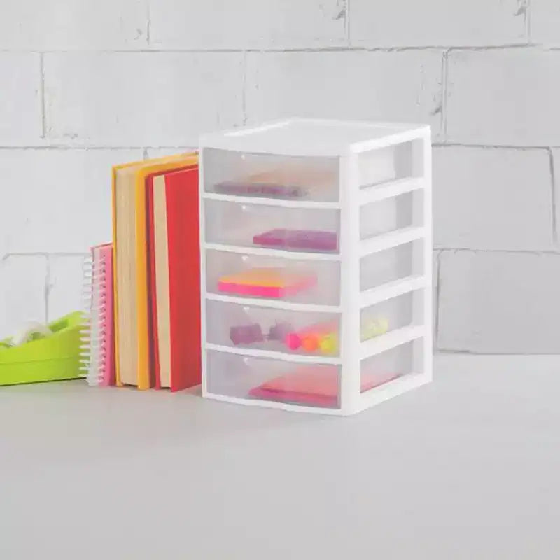 Sistema di archiviazione a 5 cassetti impilabili in plastica trasparente piccola Sterilite Clearview per l'organizzazione di desktop e cassetti per articoli di cancelleria o penne
