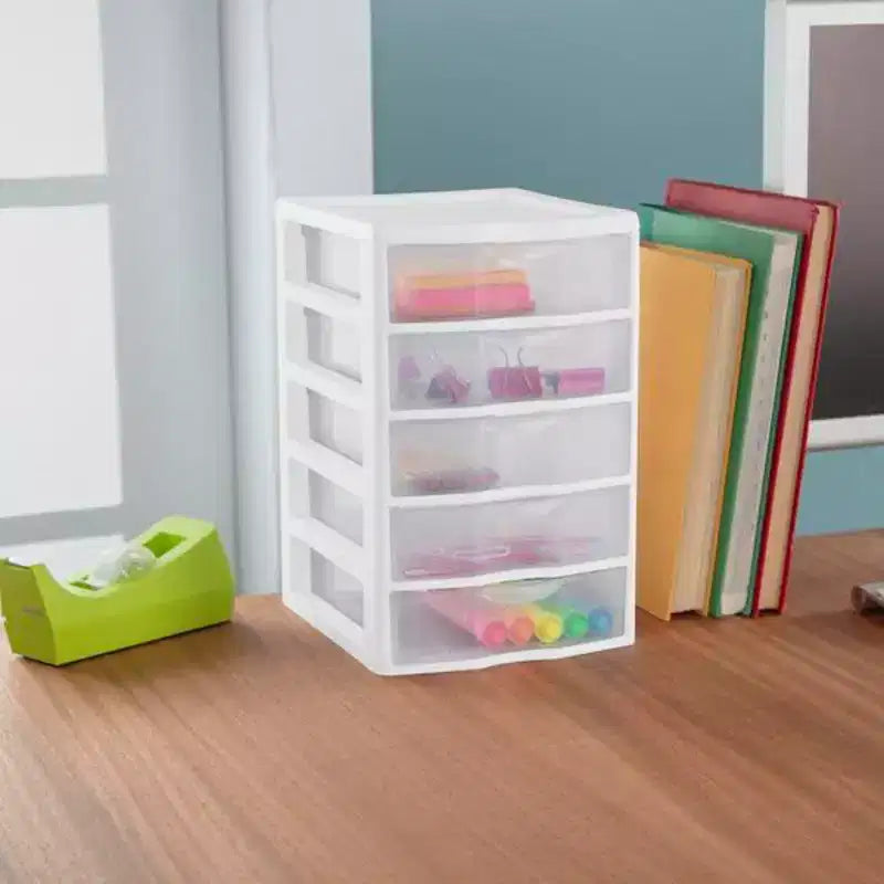 Sistema di archiviazione a 5 cassetti impilabili in plastica trasparente piccola Sterilite Clearview per l'organizzazione di desktop e cassetti per articoli di cancelleria o penne