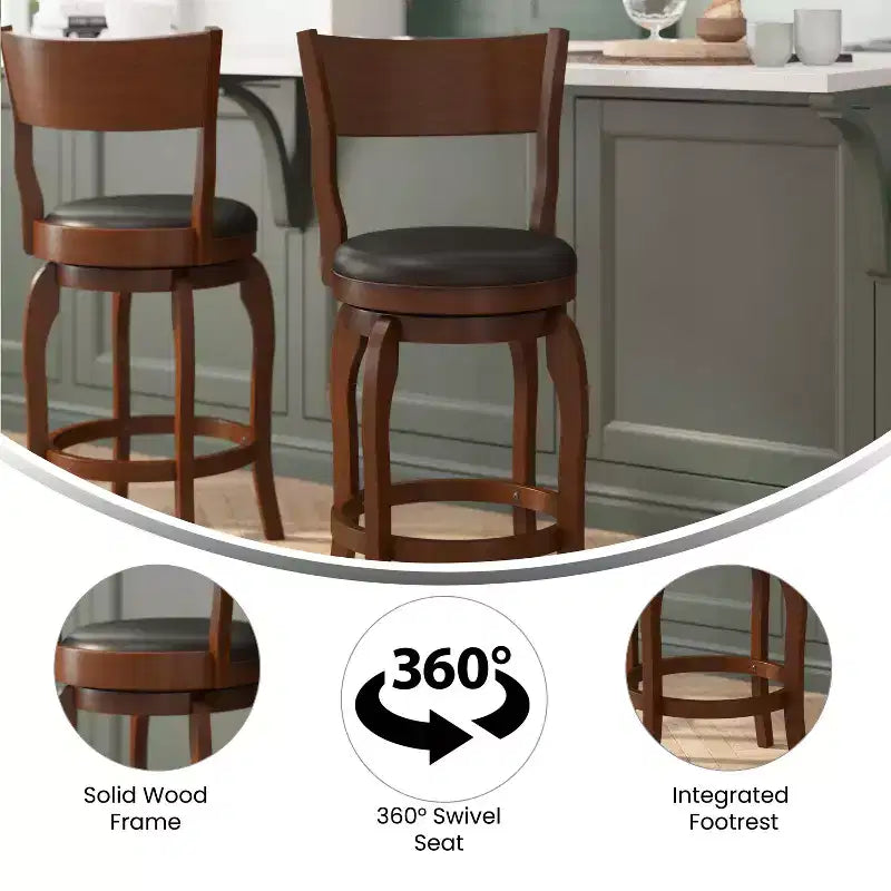 Flash Furniture Sgabello da bar Nichola di livello commerciale, schienale aperto classico, girevole, altezza bancone, con struttura in legno curvato e seduta imbottita e rivestita
