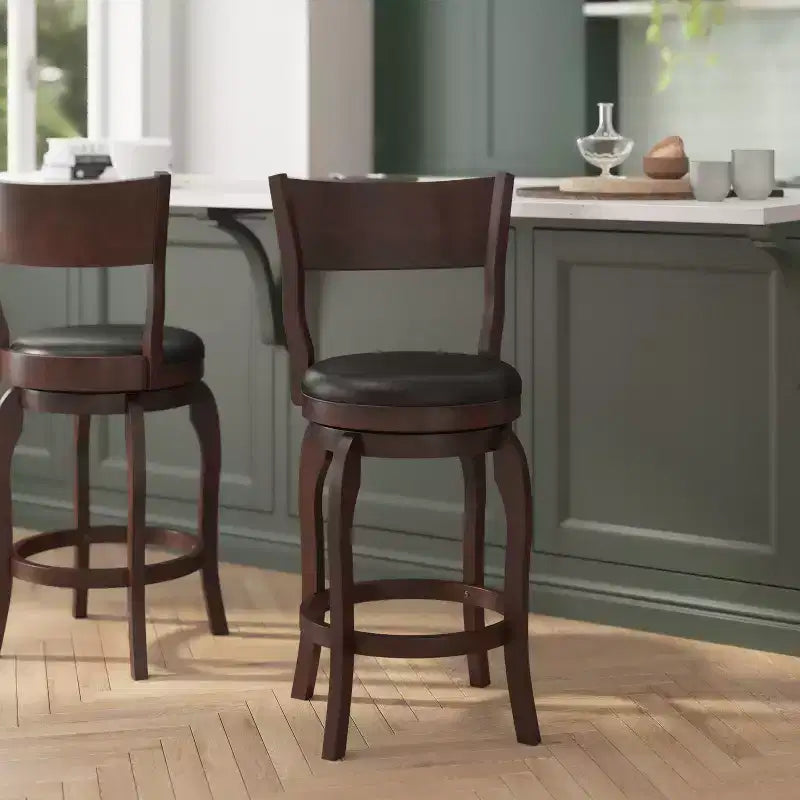 Flash Furniture Sgabello da bar Nichola di livello commerciale, schienale aperto classico, girevole, altezza bancone, con struttura in legno curvato e seduta imbottita e rivestita