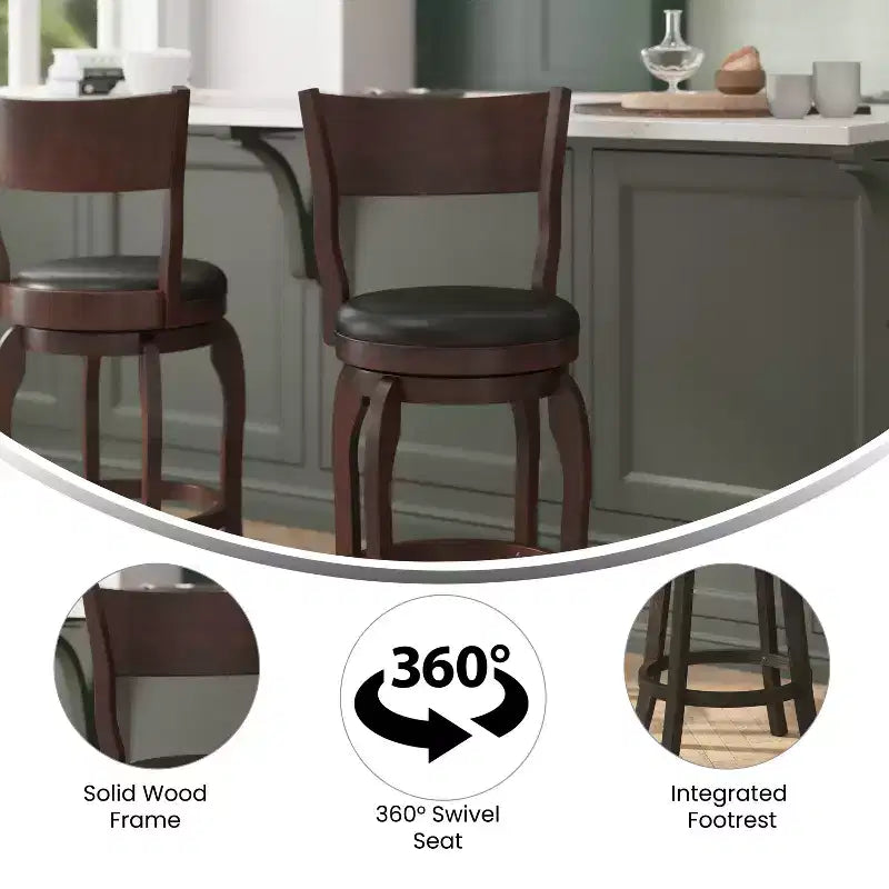 Flash Furniture Sgabello da bar Nichola di livello commerciale, schienale aperto classico, girevole, altezza bancone, con struttura in legno curvato e seduta imbottita e rivestita
