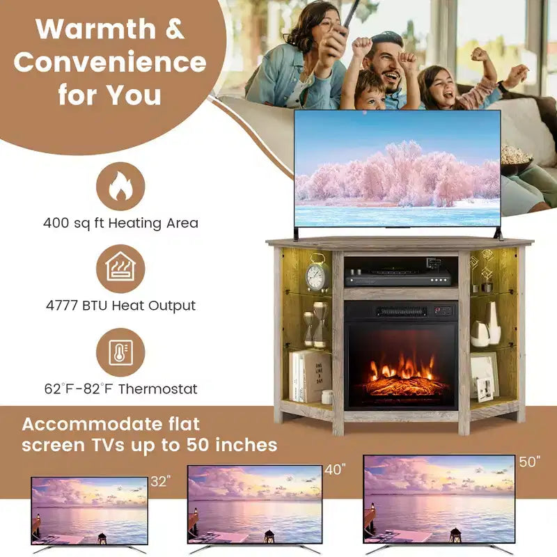 Mobile TV Costway con caminetto e luci a LED, caminetto elettrico da 18'' per TV fino a 50'' Grigio/Marrone/Nero/Bianco