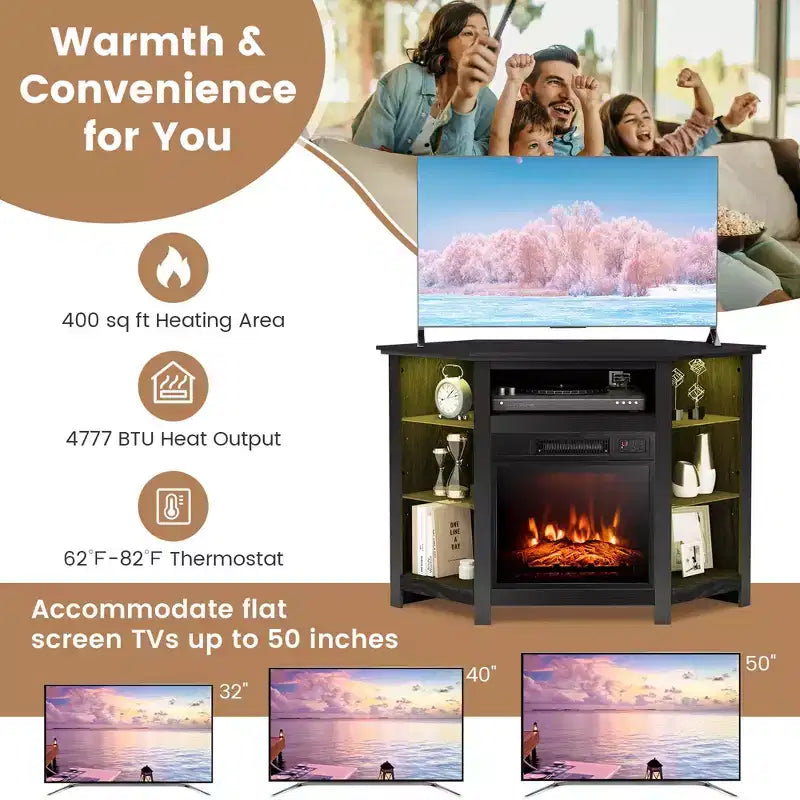Mobile TV Costway con caminetto e luci a LED, caminetto elettrico da 18'' per TV fino a 50'' Grigio/Marrone/Nero/Bianco