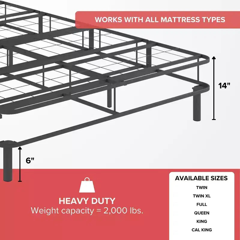 Hollywood Bed Frame Emerge Base Materasso Pieghevole con Gambe Attaccabili Diviso Nero