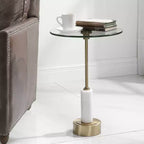 Tavolino moderno rotondo con finitura in ottone spazzolato Uttermost, 39,4 cm di larghezza, piano in vetro dorato per soggiorno, camera da letto, comodino, ingresso, casa