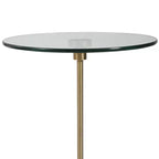 Tavolino moderno rotondo con finitura in ottone spazzolato Uttermost, 39,4 cm di larghezza, piano in vetro dorato per soggiorno, camera da letto, comodino, ingresso, casa