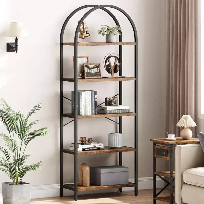 Libreria ad arco Whizmax, libreria a 5 ripiani con struttura in metallo, libreria moderna alta, scaffali aperti per ufficio, studio, soggiorno