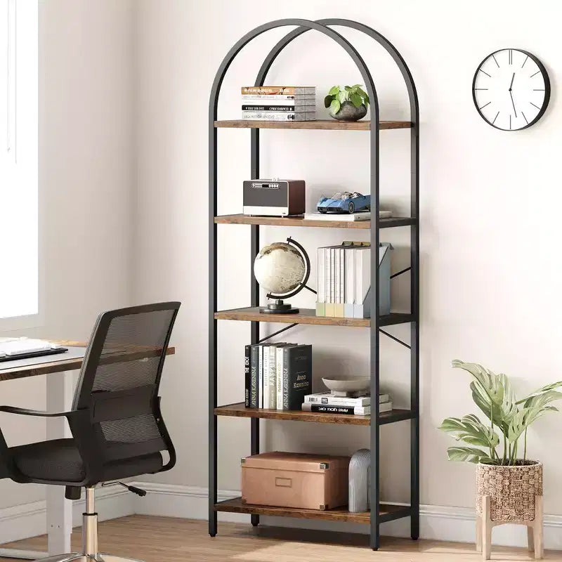 Libreria ad arco Whizmax, libreria a 5 ripiani con struttura in metallo, libreria moderna alta, scaffali aperti per ufficio, studio, soggiorno