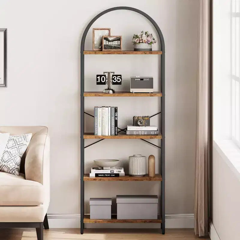 Libreria ad arco Whizmax, libreria a 5 ripiani con struttura in metallo, libreria moderna alta, scaffali aperti per ufficio, studio, soggiorno