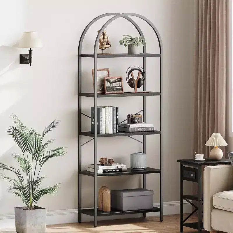 Libreria ad arco Whizmax, libreria a 5 ripiani con struttura in metallo, libreria moderna alta, scaffali aperti per ufficio, studio, soggiorno