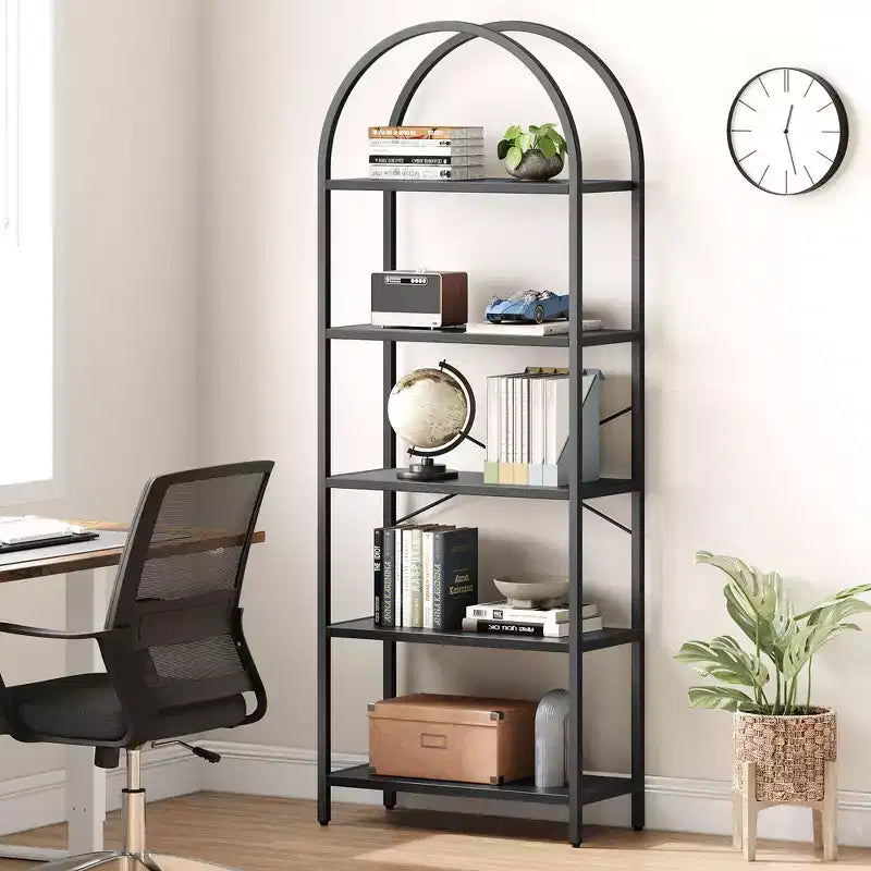 Libreria ad arco Whizmax, libreria a 5 ripiani con struttura in metallo, libreria moderna alta, scaffali aperti per ufficio, studio, soggiorno