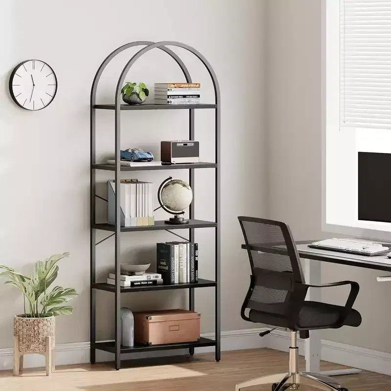 Libreria ad arco Whizmax, libreria a 5 ripiani con struttura in metallo, libreria moderna alta, scaffali aperti per ufficio, studio, soggiorno