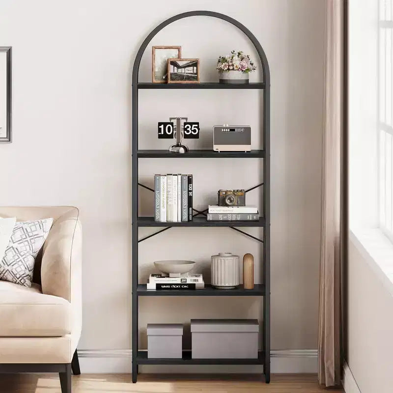 Libreria ad arco Whizmax, libreria a 5 ripiani con struttura in metallo, libreria moderna alta, scaffali aperti per ufficio, studio, soggiorno