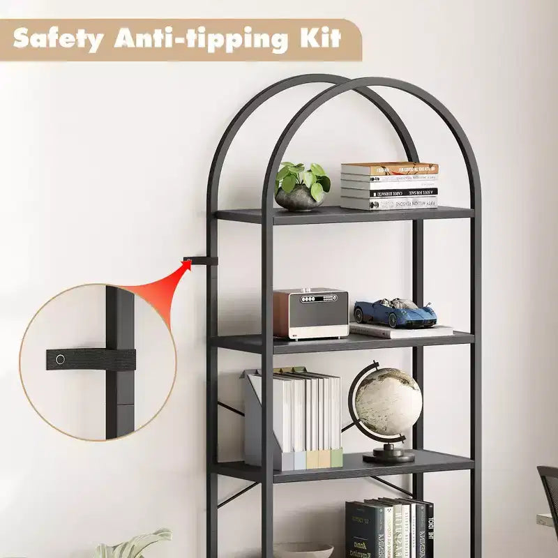 Libreria ad arco Whizmax, libreria a 5 ripiani con struttura in metallo, libreria moderna alta, scaffali aperti per ufficio, studio, soggiorno