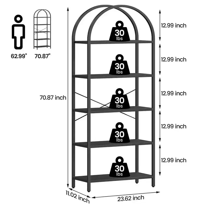 Libreria ad arco Whizmax, libreria a 5 ripiani con struttura in metallo, libreria moderna alta, scaffali aperti per ufficio, studio, soggiorno