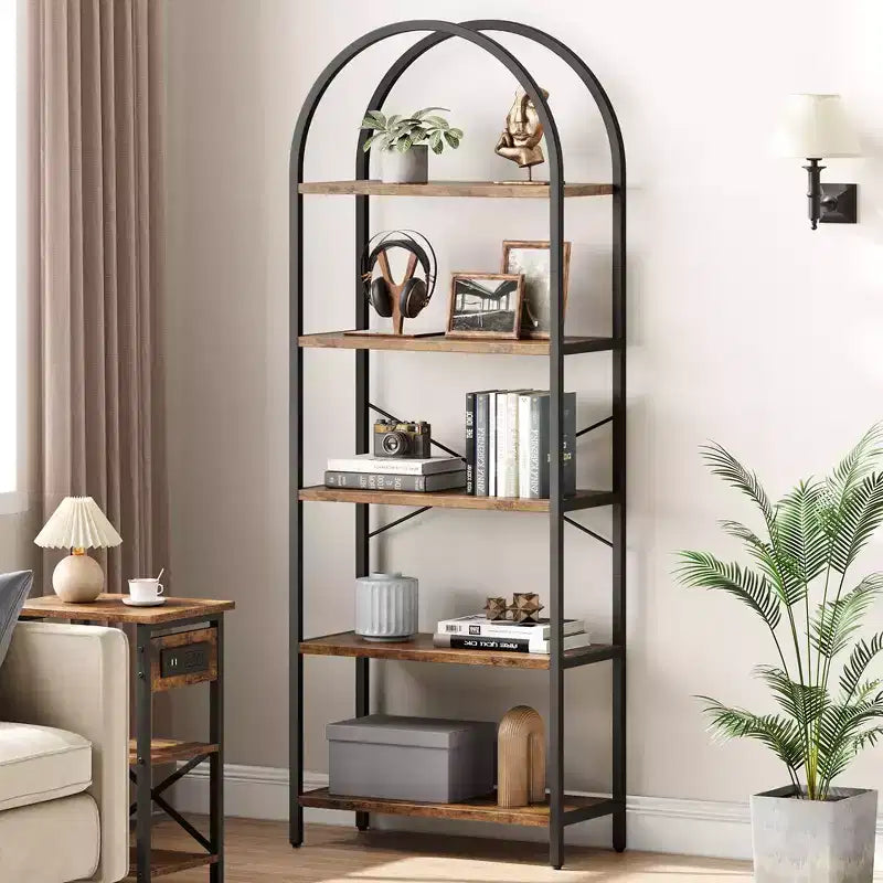 Libreria ad arco Whizmax, libreria a 5 ripiani con struttura in metallo, libreria moderna alta, scaffali aperti per ufficio, studio, soggiorno