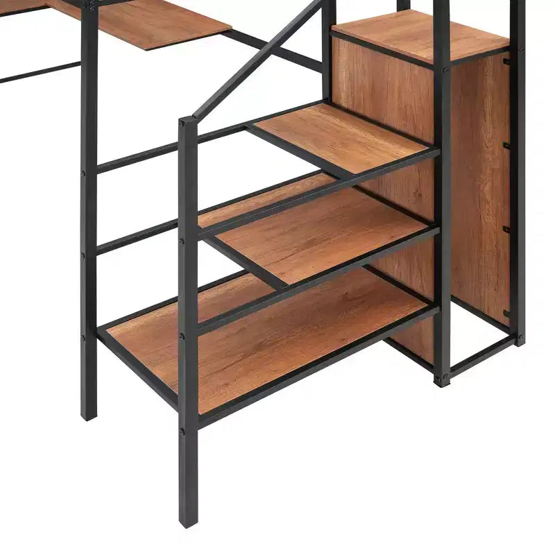 Letto a soppalco matrimoniale in metallo con scrivania e griglia metallica, elegante letto con struttura in metallo, scala contenitore e armadio - ModernLuxe