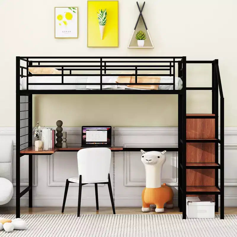 Letto a soppalco matrimoniale in metallo con scrivania e griglia metallica, elegante letto con struttura in metallo, scala contenitore e armadio - ModernLuxe