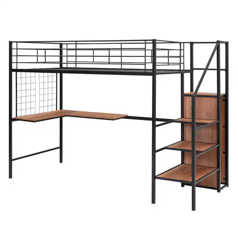 Letto a soppalco matrimoniale in metallo con scrivania e griglia metallica, elegante letto con struttura in metallo, scala contenitore e armadio - ModernLuxe