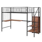 Letto a soppalco matrimoniale in metallo con scrivania e griglia metallica, elegante letto con struttura in metallo, scala contenitore e armadio - ModernLuxe