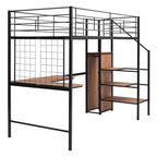 Letto a soppalco matrimoniale in metallo con scrivania e griglia metallica, elegante letto con struttura in metallo, scala contenitore e armadio - ModernLuxe