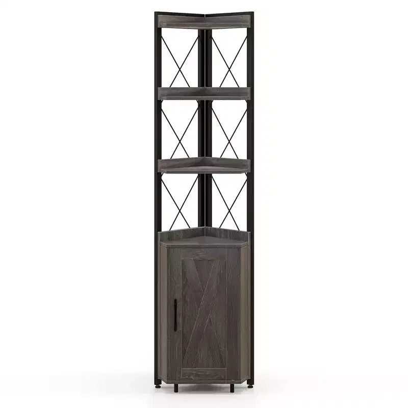 Libreria angolare a 6 ripiani Costway con ripiani regolabili a 5 livelli e kit antiribaltamento marrone rustico/grigio