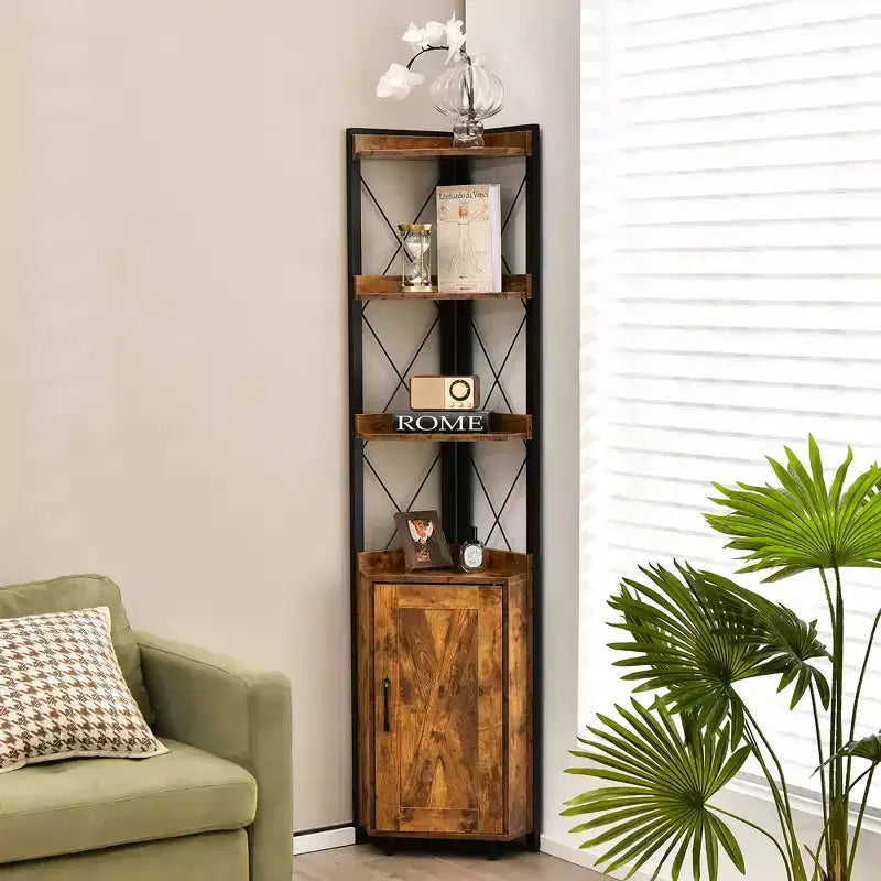 Libreria angolare a 6 ripiani Costway con ripiani regolabili a 5 livelli e kit antiribaltamento marrone rustico/grigio