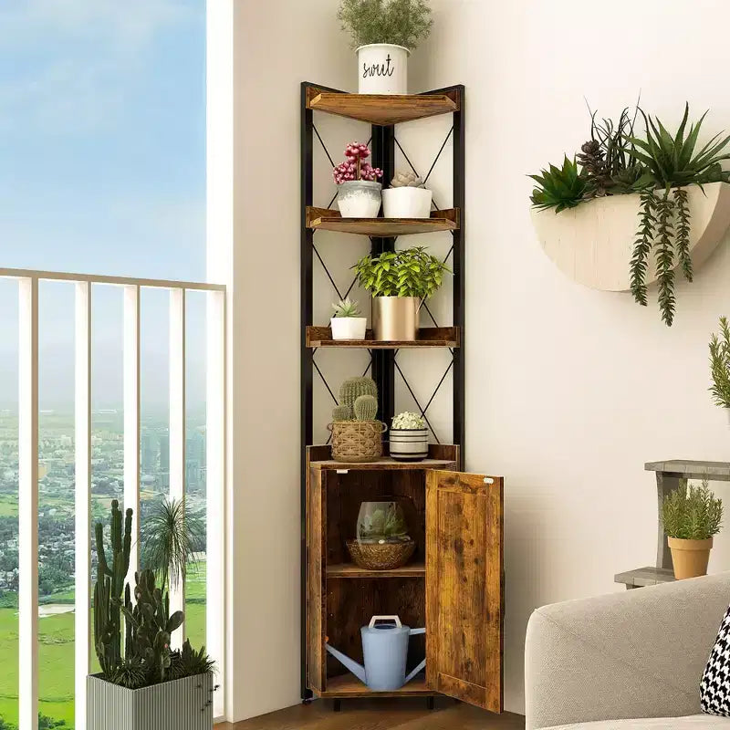 Libreria angolare a 6 ripiani Costway con ripiani regolabili a 5 livelli e kit antiribaltamento marrone rustico/grigio
