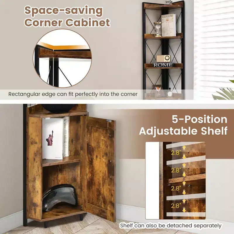 Libreria angolare a 6 ripiani Costway con ripiani regolabili a 5 livelli e kit antiribaltamento marrone rustico/grigio