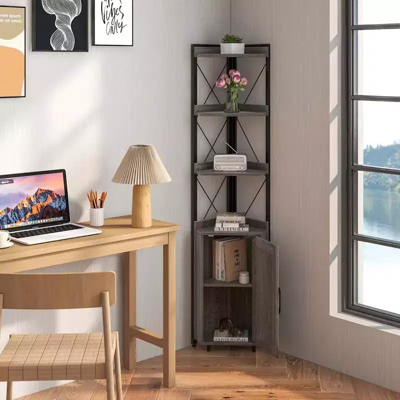 Libreria angolare a 6 ripiani Costway con ripiani regolabili a 5 livelli e kit antiribaltamento marrone rustico/grigio