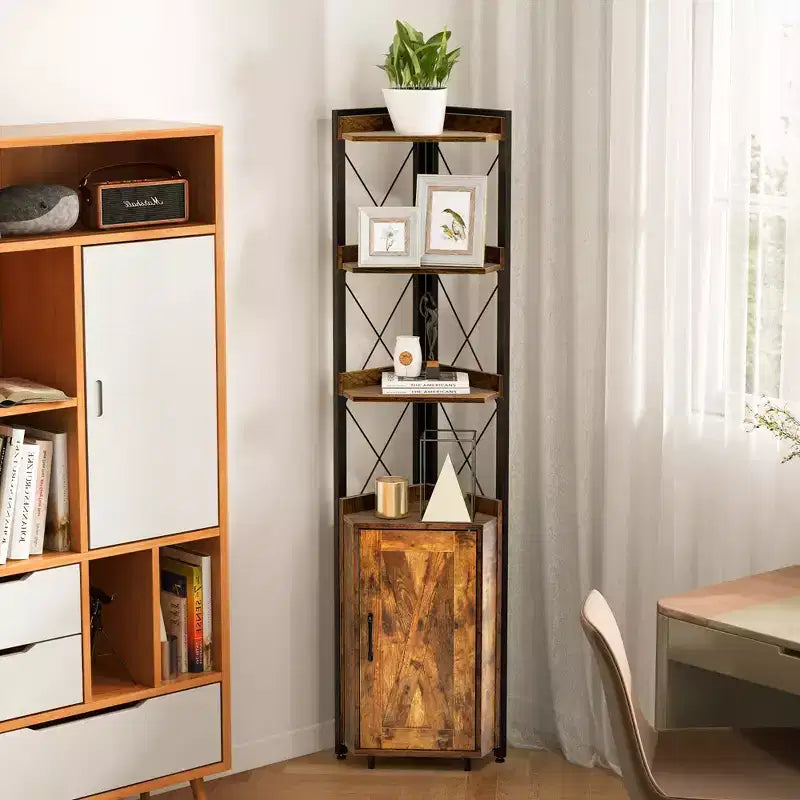 Libreria angolare a 6 ripiani Costway con ripiani regolabili a 5 livelli e kit antiribaltamento marrone rustico/grigio