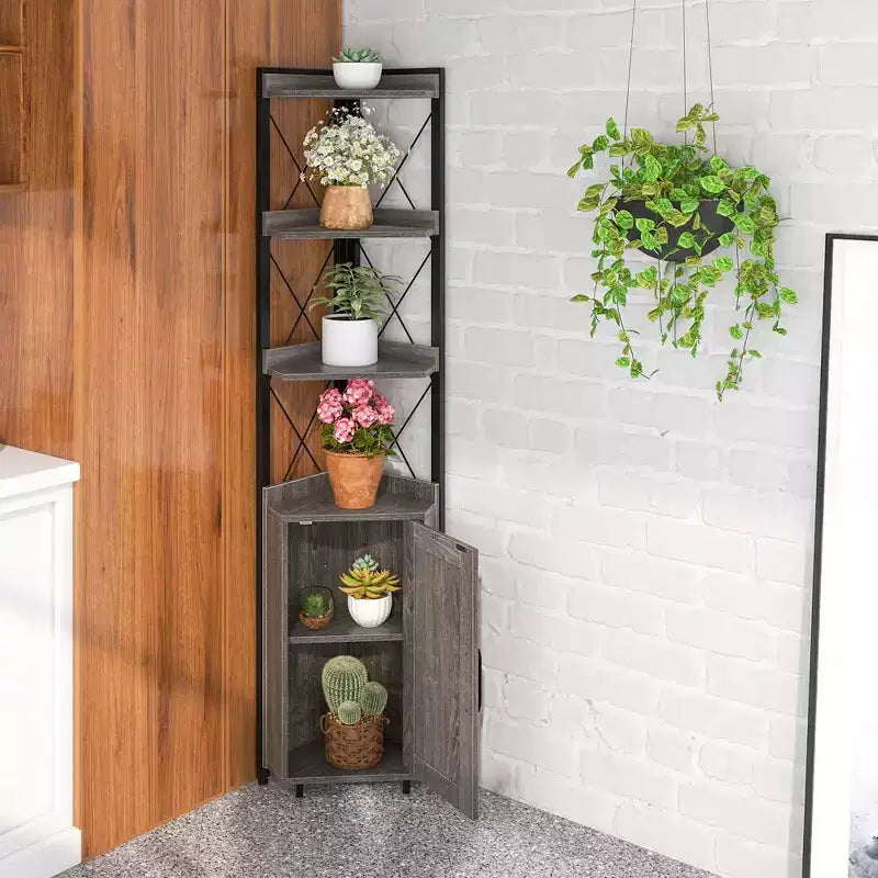 Libreria angolare a 6 ripiani Costway con ripiani regolabili a 5 livelli e kit antiribaltamento marrone rustico/grigio