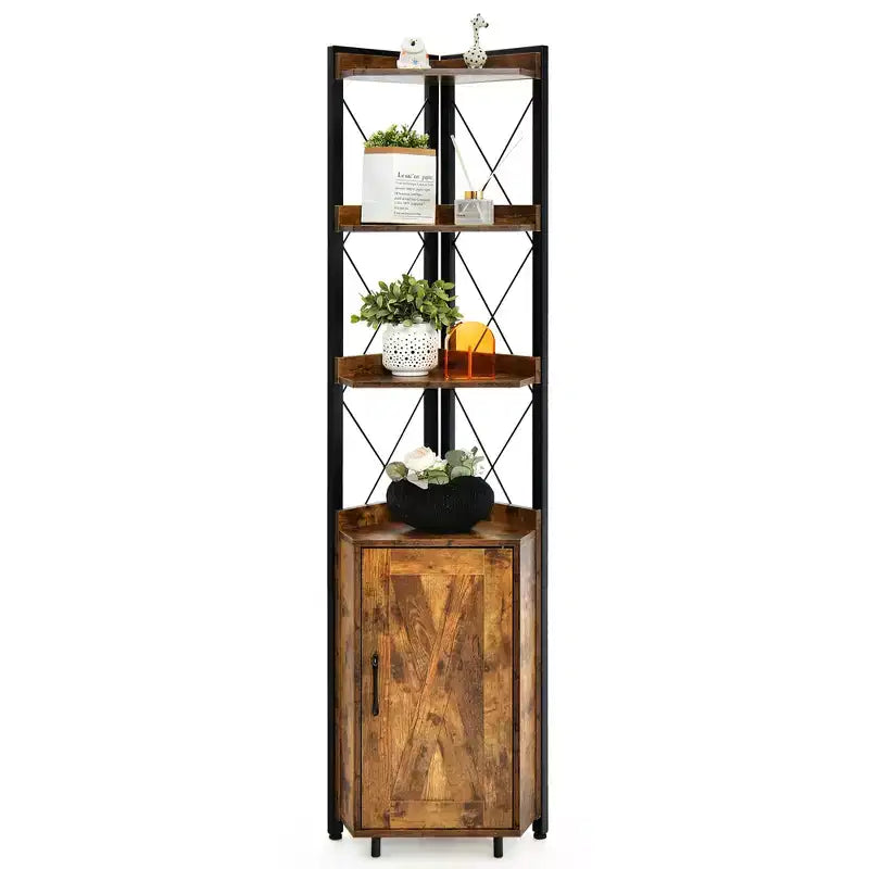 Libreria angolare a 6 ripiani Costway con ripiani regolabili a 5 livelli e kit antiribaltamento marrone rustico/grigio