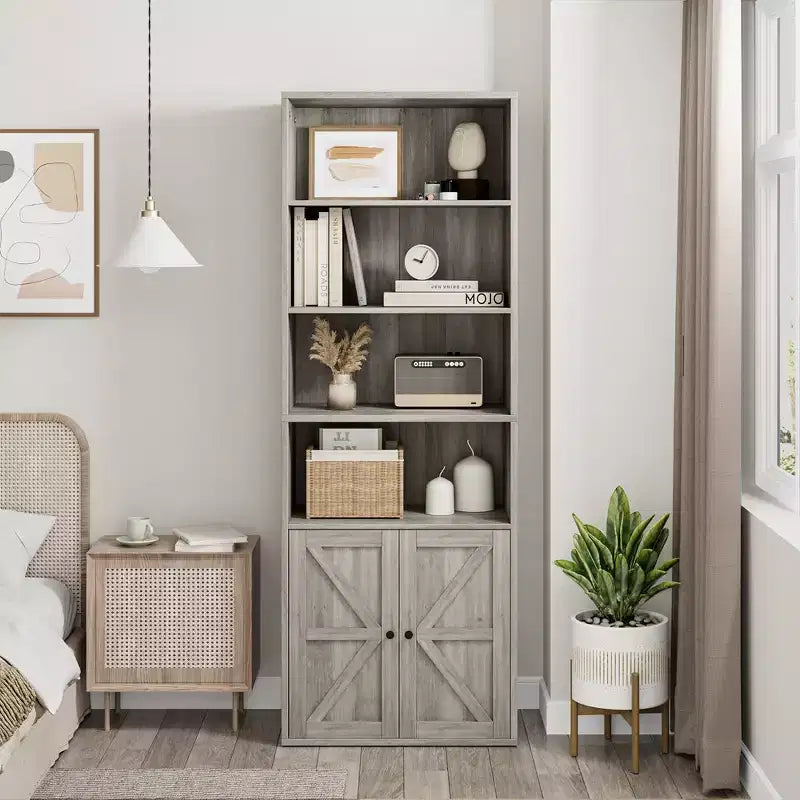 Libreria Whizmax con ante, scaffale industriale, libreria rustica in legno con 6 ripiani per camera da letto, soggiorno, ufficio