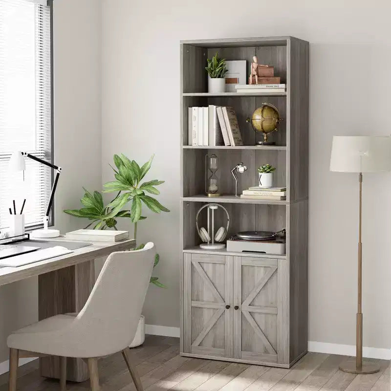 Libreria Whizmax con ante, scaffale industriale, libreria rustica in legno con 6 ripiani per camera da letto, soggiorno, ufficio