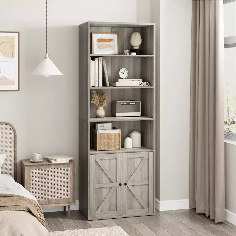 Libreria Whizmax con ante, scaffale industriale, libreria rustica in legno con 6 ripiani per camera da letto, soggiorno, ufficio