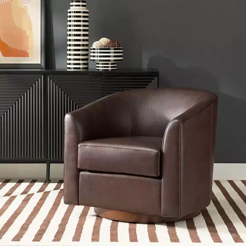 Poltrona a botte girevole a 360 gradi Molly Modern in vera pelle con base in legno massello|ART OF LIVING DESIGNS