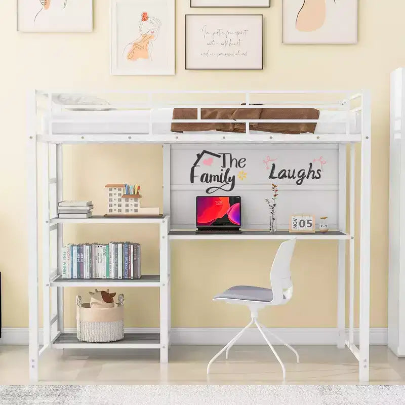 Letto a soppalco singolo/matrimoniale con scrivania e lavagna, letto in metallo con 3 mensole e scaletta - ModernLuxe