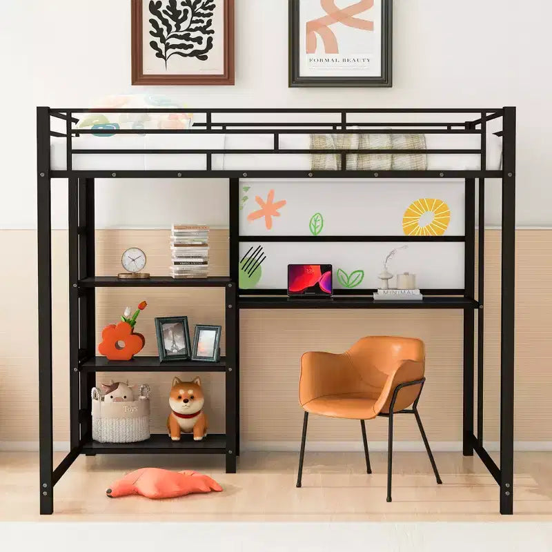 Letto a soppalco singolo/matrimoniale con scrivania e lavagna, letto in metallo con 3 mensole e scaletta - ModernLuxe