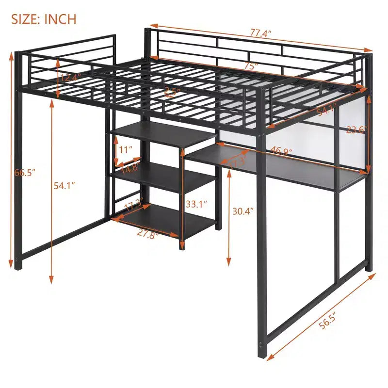 Letto a soppalco singolo/matrimoniale con scrivania e lavagna, letto in metallo con 3 mensole e scaletta - ModernLuxe