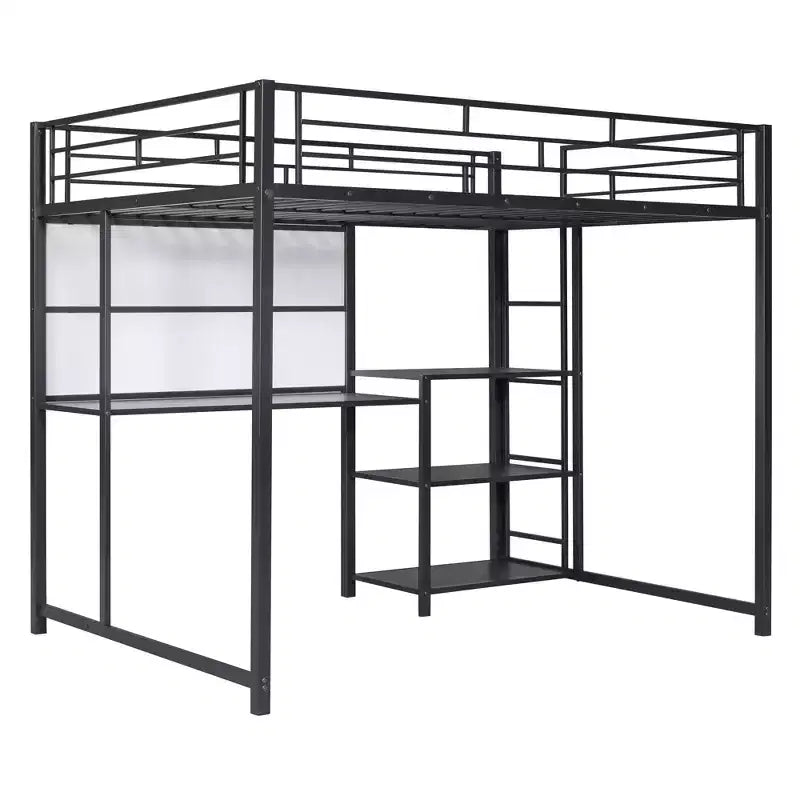 Letto a soppalco singolo/matrimoniale con scrivania e lavagna, letto in metallo con 3 mensole e scaletta - ModernLuxe