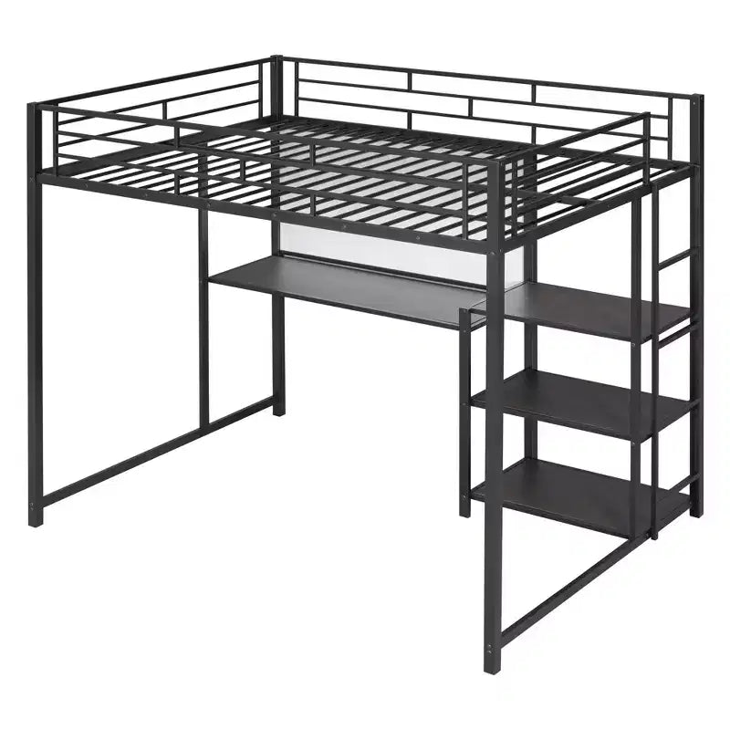Letto a soppalco singolo/matrimoniale con scrivania e lavagna, letto in metallo con 3 mensole e scaletta - ModernLuxe