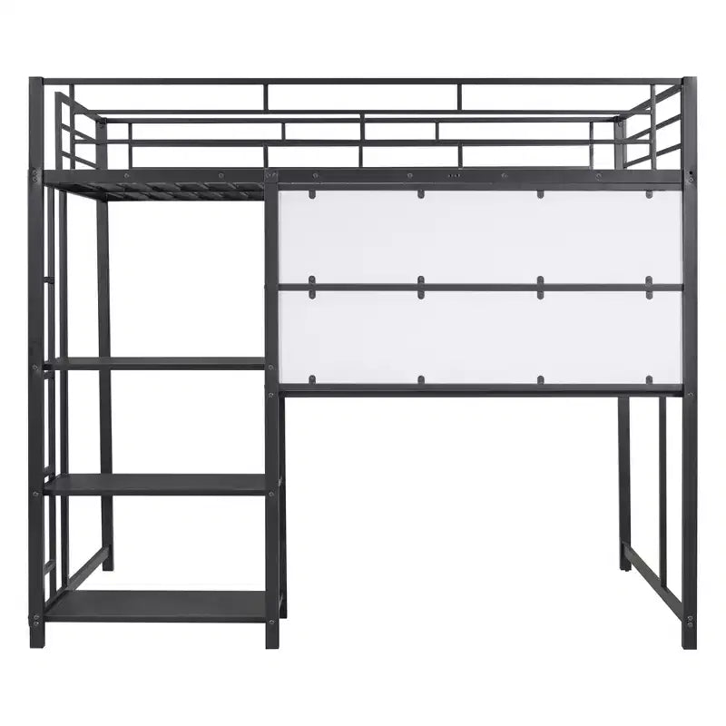 Letto a soppalco singolo/matrimoniale con scrivania e lavagna, letto in metallo con 3 mensole e scaletta - ModernLuxe