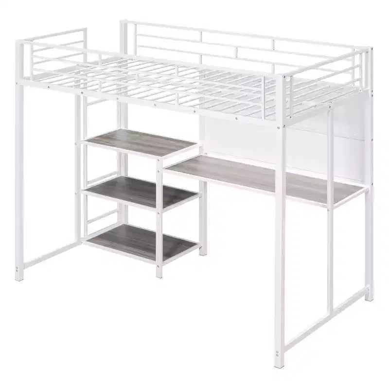 Letto a soppalco singolo/matrimoniale con scrivania e lavagna, letto in metallo con 3 mensole e scaletta - ModernLuxe