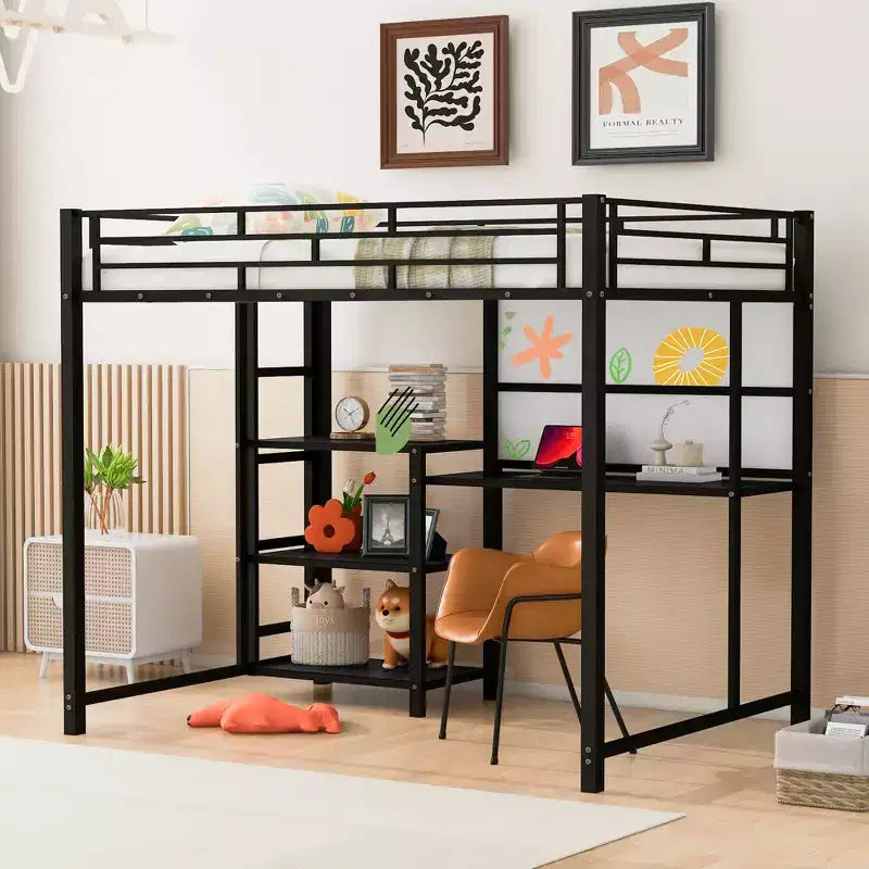 Letto a soppalco singolo/matrimoniale con scrivania e lavagna, letto in metallo con 3 mensole e scaletta - ModernLuxe