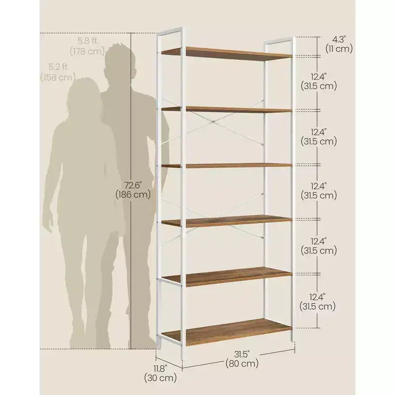 Libreria a 6 ripiani, Libreria grande con struttura in acciaio, Scaffale profondo per ufficio, soggiorno