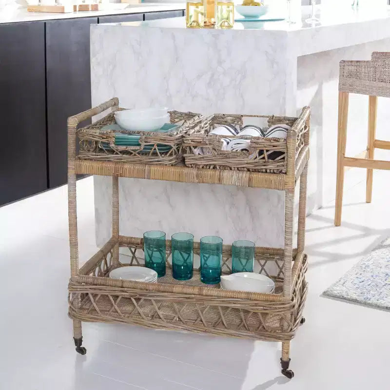 Carrello bar a 2 livelli in rattan Ambrose - BCT6500A - Naturale non rifinito - Safavieh