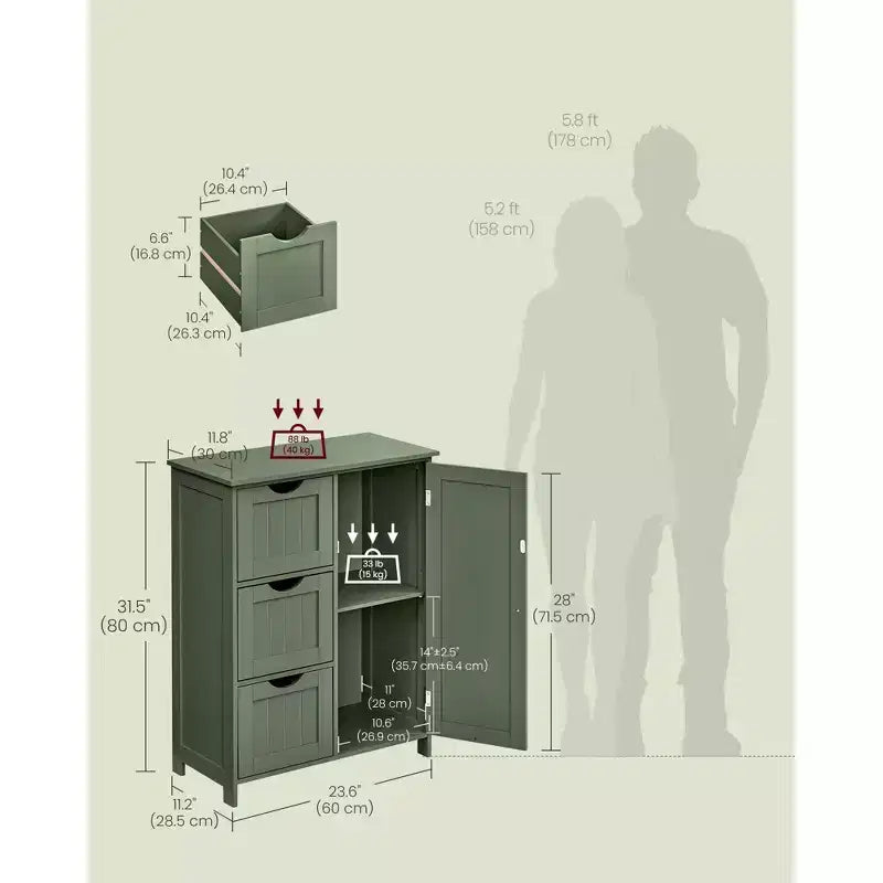 VASAGLE Mobiletto da Bagno a Terra, Mobile da Bagno Indipendente, con 3 Grandi Cassetti e 1 Ripiano Regolabile, 30 x 60 x 81 cm