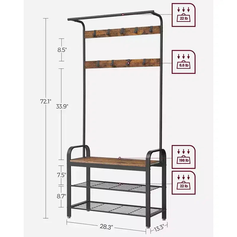 VASAGLE Appendiabiti, Appendiabiti da Ingresso con Scarpiera e Panchina, 4-in-1, con 9 Ganci Rimovibili e Asta Appendiabiti