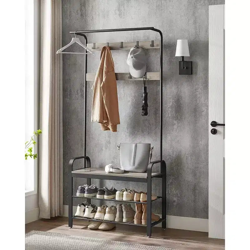 VASAGLE Appendiabiti, Appendiabiti da Ingresso con Scarpiera e Panchina, 4-in-1, con 9 Ganci Rimovibili e Asta Appendiabiti